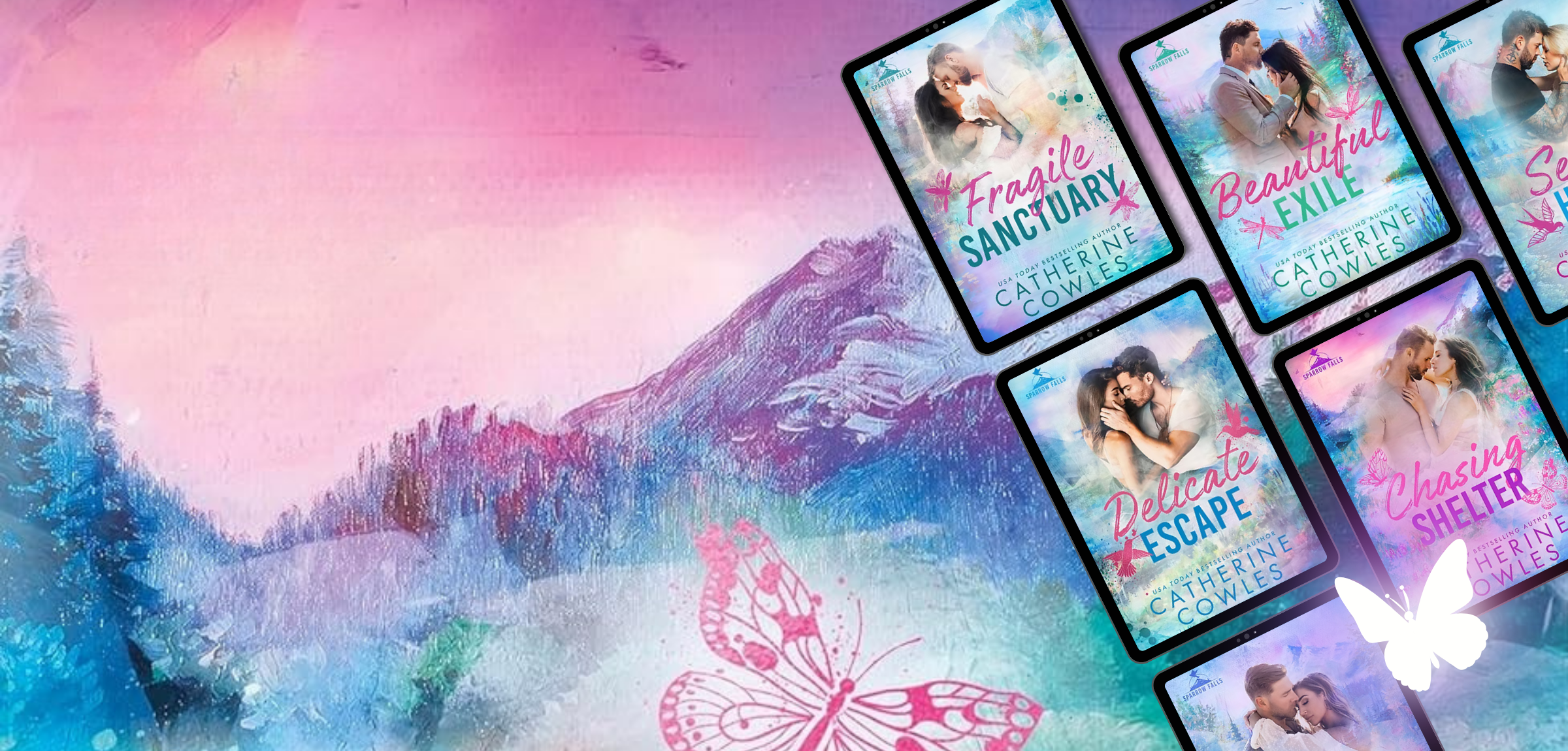 Book covers of a series with a mountain and butterfly design in the background